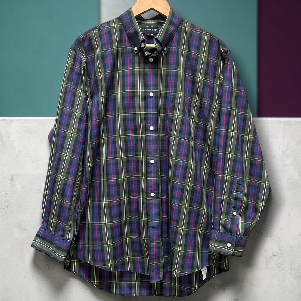Lands End Mens Plaid No Iron Button Down Shirt Green Blue Red 16.5 33 L Sleeve